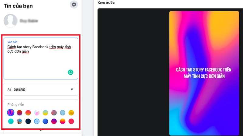Nhập nội dung story vào ô bắt đầu nhập ở bên trái màn hình. Bạn cũng có thể thay đổi kiểu chữ, thay đổi màu nền cho story của bạn bằng cách nhấn vào 2 phần kiểu chữ và phông nền ở dưới ô bắt đầu nhập