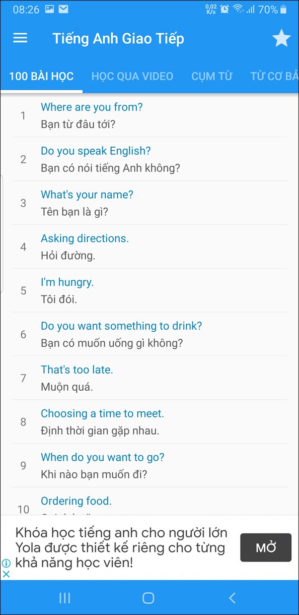Giao diện của Luyện nghe tiếng Anh giao tiếp