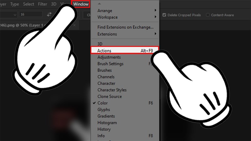 Vào thẻ Window >Chọn Action hoặc bạn có thể nhấn tổ hợp phím Alt + F9 để mở nhanh. Vào thẻ Window >Chọn Action hoặc bạn có thể nhấn tổ hợp phím Alt + F9 để mở nhanh.