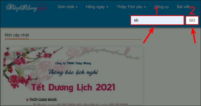 Mở trang web thiepmung.com và nhập từ Tết trên mục tìm kiếm