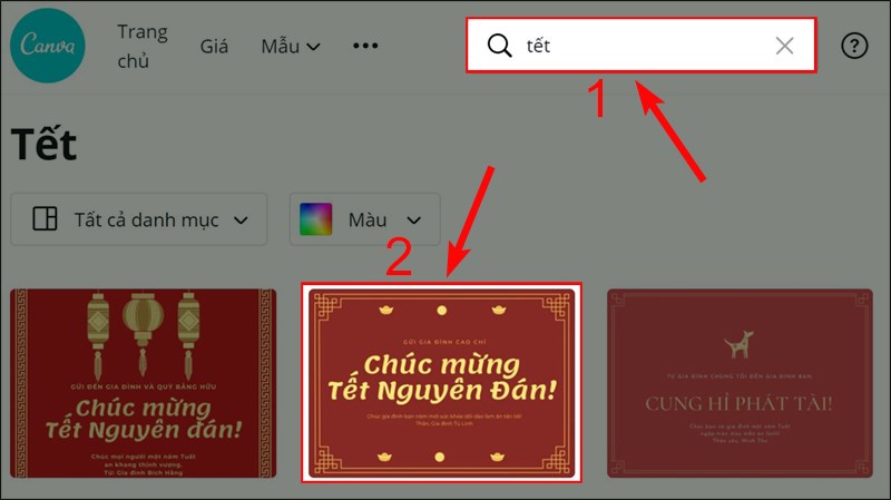 Mở trang web Canva, nhập từ Tết trên mục tìm kiếm và chọn mẫu thiệp.