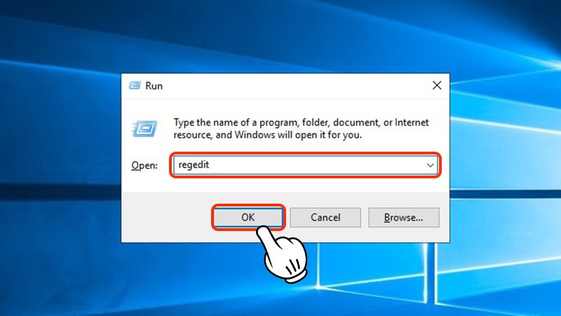 Nhập "regedit" vào đó rồi nhấn click chọn OK để mở cửa sổ Windows Registry