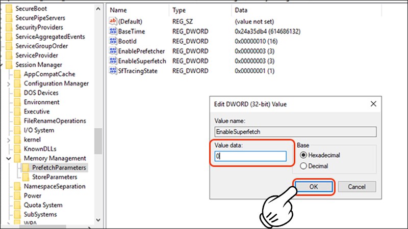 Nhập 0 vào ô Value data và nhấn OK để tắt Superfetch