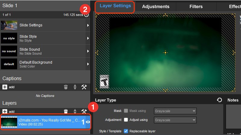 Click vào video trong mục Layers và chọn Layer setting