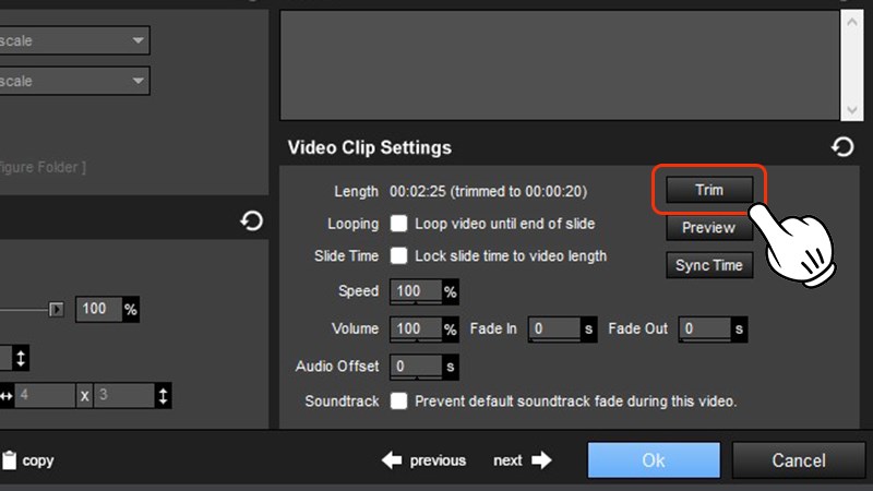 Nhấn vào Trim trong Video Clip Setting
