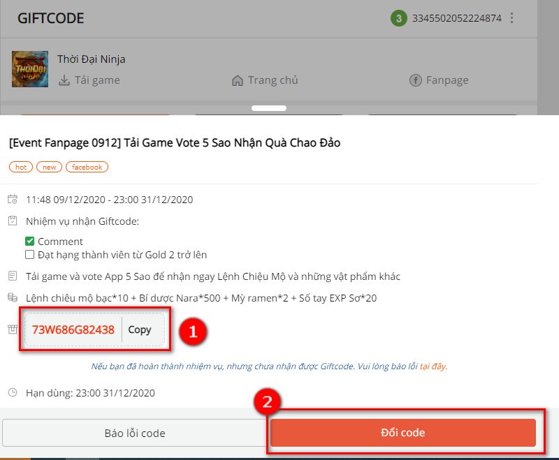 Tại giao diện nhận code, bạn chọn Copy và nhấn Đổi code.