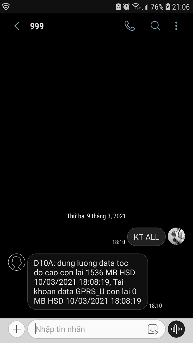 Kết quả hiển thị kết quả kiểm tra dung lượng của gói cước