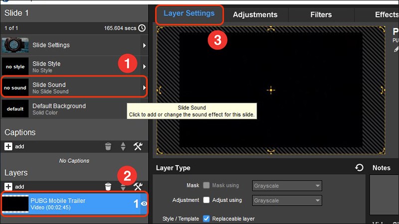 Click vào Slide Sound và nhấn vào video trong mục Layers và chọn Layer setting
