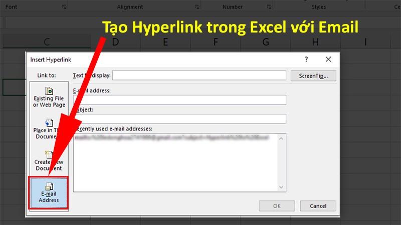 Hộp thoại Insert Hyperlink xuất hiện > Chọn E-mail Address.