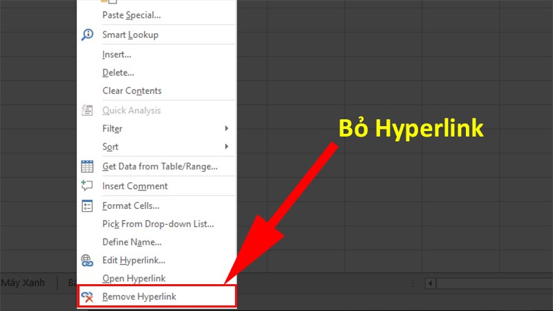 Nhấp chuột phải vào ô Hyperlink muốn bỏ > Chọn Remove Hyperlink.