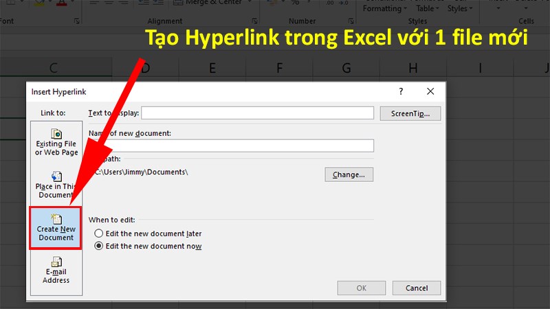 Hộp thoại Insert Hyperlink xuất hiện > Chọn Create New Document.&nbsp;