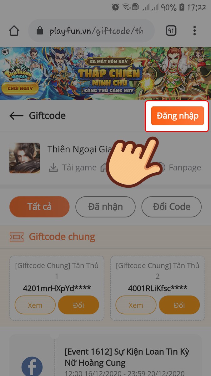 Truy cập trang web nhập code Thi&ecirc;n Ngoại Giang Hồ, chọn Đăng nhập