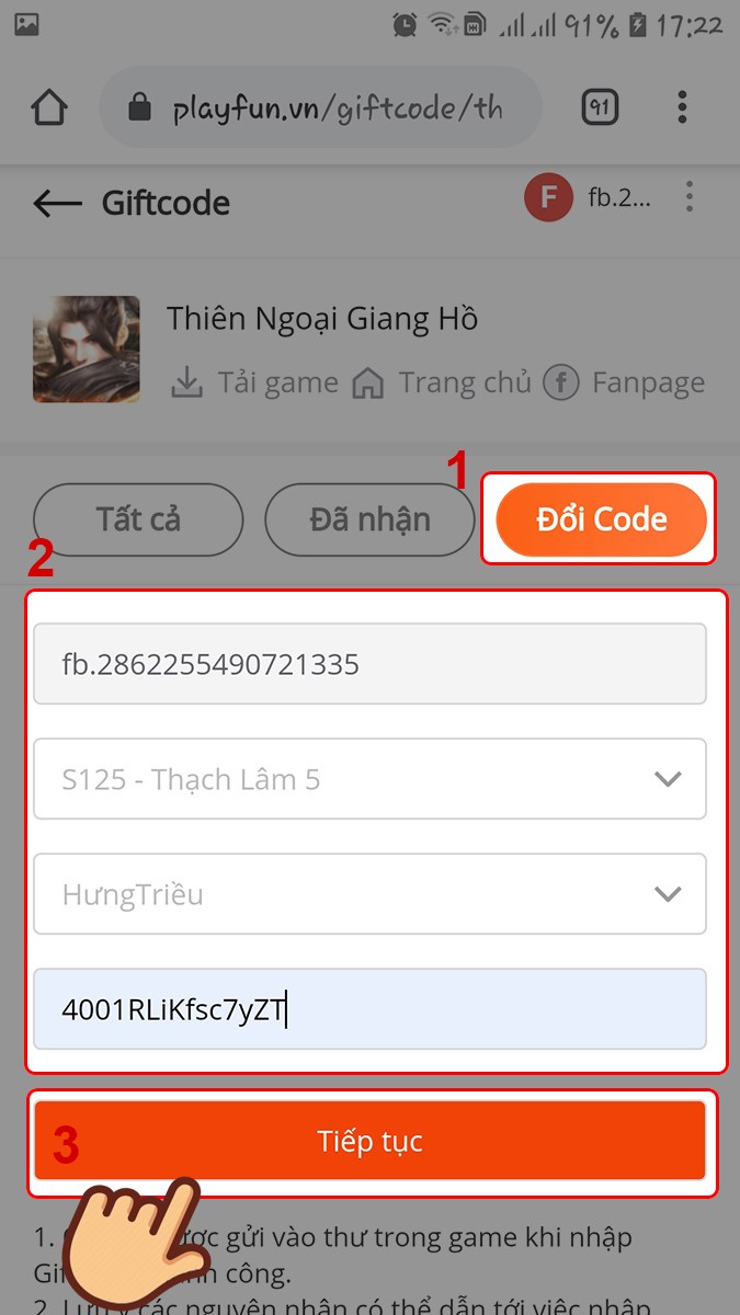 Chọn Đổi code. Chọn server, t&ecirc;n nh&acirc;n v&agrave; nhập Giftcode v&agrave; chọn Tiếp tục.