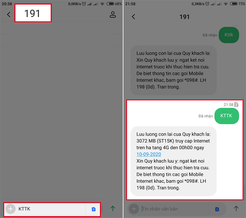 Vd: cú pháp và kết quả hiển thị kết quả kiểm tra dung lượng của gói cước