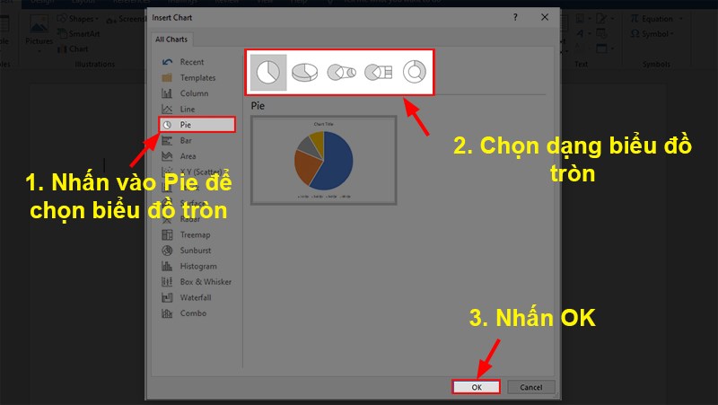 Xuất hiện hộp thoại Insert Chart > Chọn Pie > Chọn dạng biểu đồ mà bạn muốn vẽ.