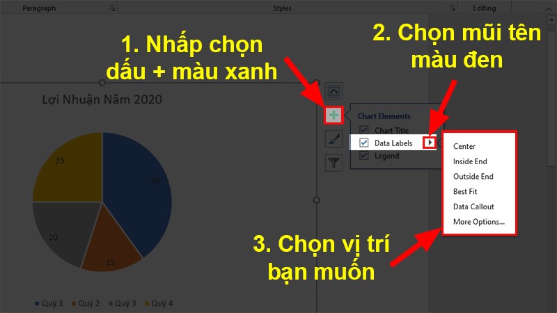 Nhấn vào dấu + màu xanh  > Di chuyển chuột tới phần Data Labels > Chọn dấu mũi tên màu đen > Chọn vị trí của số liệu.