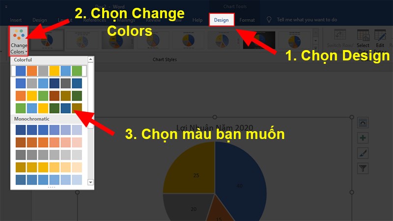Mở thẻ Design > Nhấp vào Change Color > Chọn màu bạn muốn.