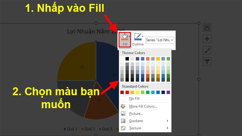 Nhấp chuột phải vào phần bạn muốn đổi màu > Chọn Fill > Chọn màu bạn muốn.