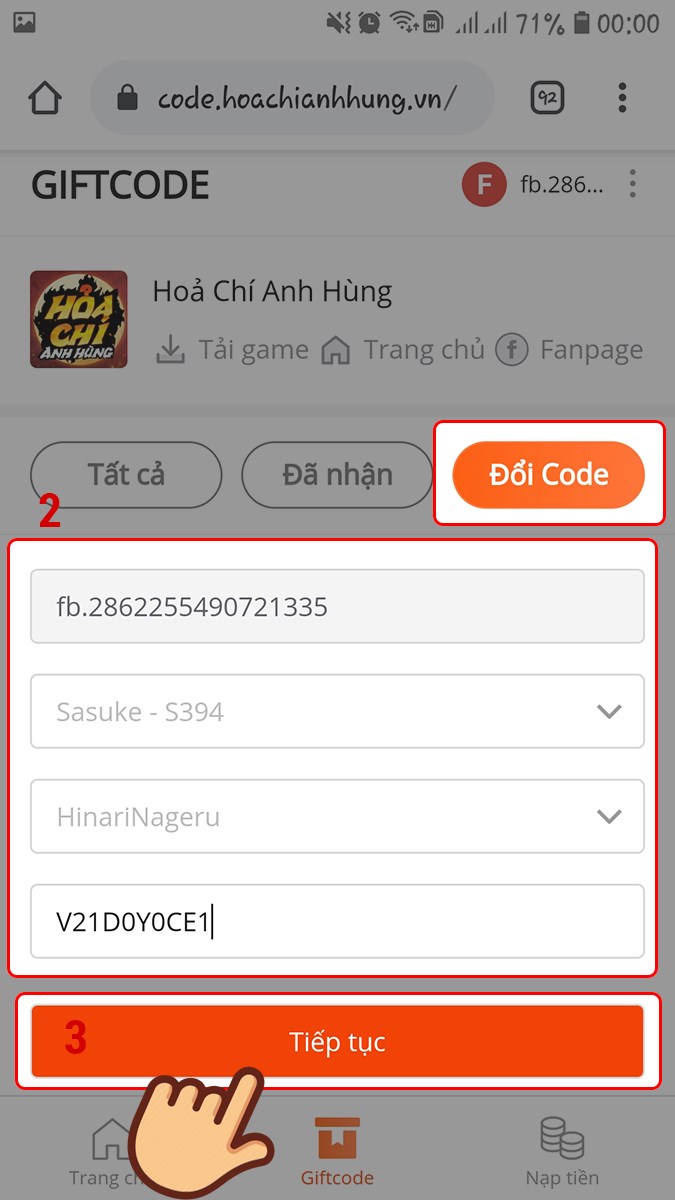 Chọn Đổi code. Chọn server, tên nhân và nhập Giftcode và chọn Tiếp tục