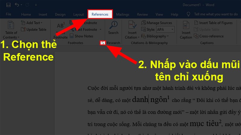 Chọn thẻ Reference > Ở phần Footnotes > Nhấn vào dấu mũi tên chỉ xuống
