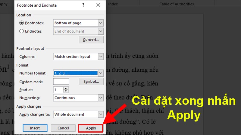 Hộp thoại Footnote and Endnote hiện ra > Sau khi cài đặt xong nhấn Apply