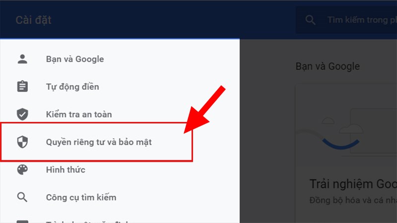 Nhấn vào Quyền riêng tư và bảo mật