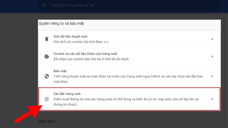 Nhấn vào Cài đặt trang web