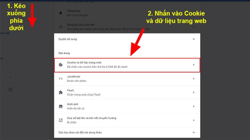  K&eacute;o xuống ph&iacute;a dưới >&nbsp;Nhấn v&agrave;o Cookie v&agrave; dữ liệu trang web