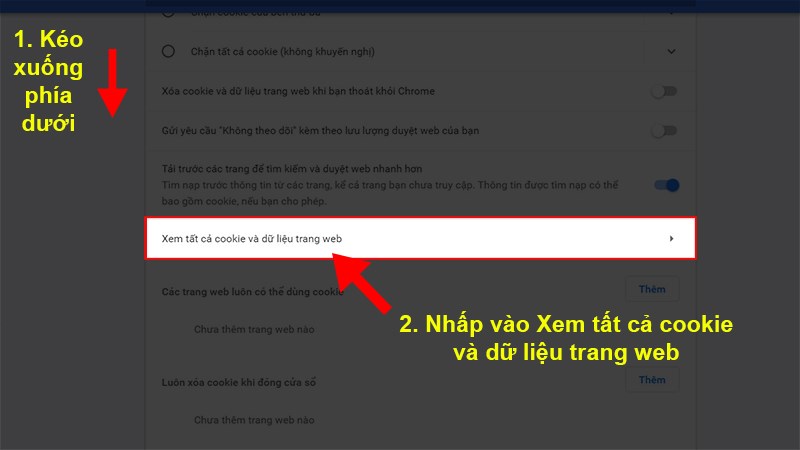 K&eacute;o xuống ph&iacute;a dưới > Nhấn v&agrave;o Xem tất cả cookie v&agrave; dữ liệu trang web