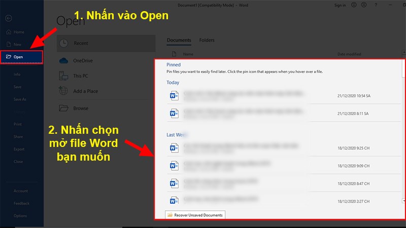 Chọn Open > Chọn&nbsp;file Word&nbsp;bạn&nbsp;muốn mở