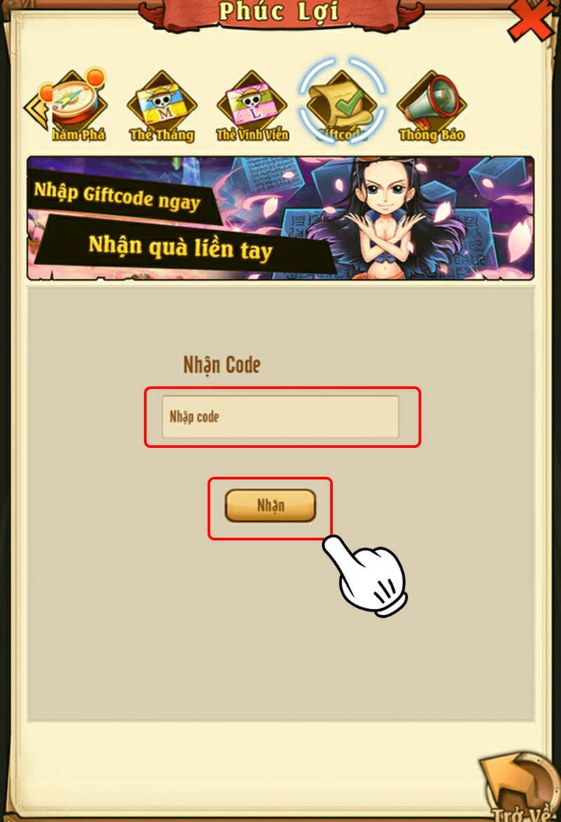Nhập code và nhấn vào Nhận