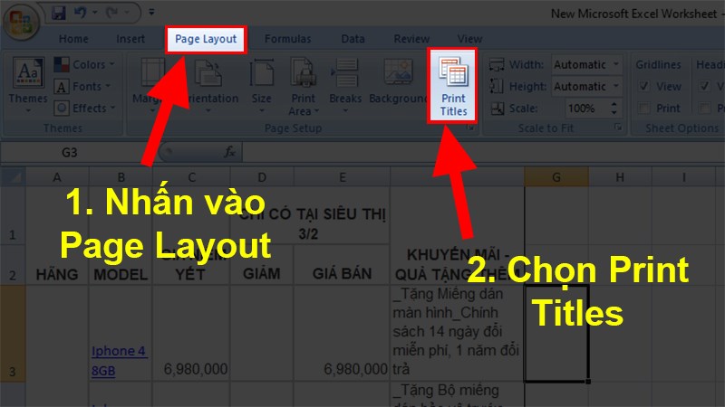 Mở file Excel > Mở thẻ Page Layout > Chọn Print Titles.