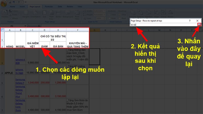 Chọn dòng hoặc cột bạn muốn lặp lại > Sau khi chọn&nbsp;xong&nbsp;bạn nhấn vào&nbsp;dấu mũi tên hướng xuống