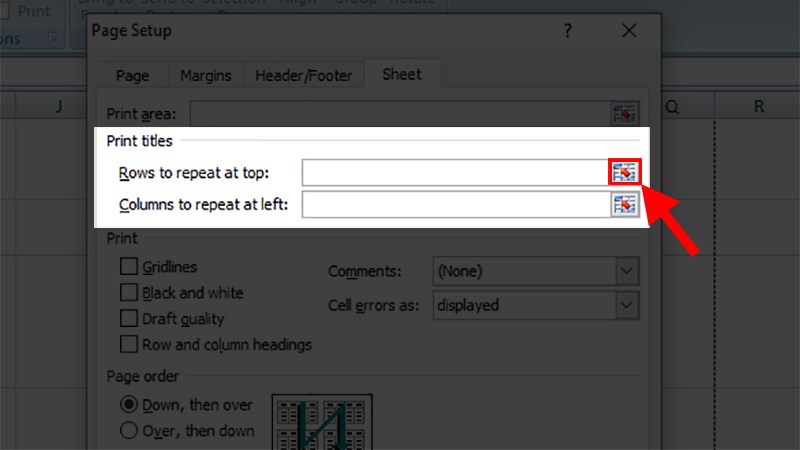 Ở thẻ Sheet phần Print titles&nbsp;chọn 1 trong 2 điều kiện > Nhấn vào&nbsp;dấu mũi tên hướng lên