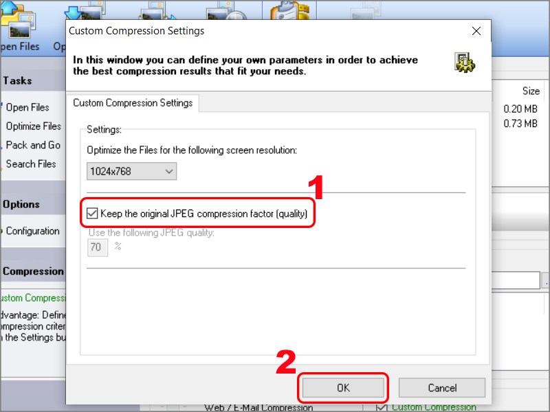 Chọn Keep the original JPEG compression factor (quality) 
