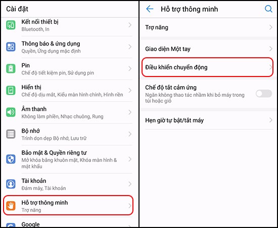 Đầu tiên bạn vào Cài đặt > Chọn Hỗ trợ thông mình > Chọn Điều khiển chuyển động