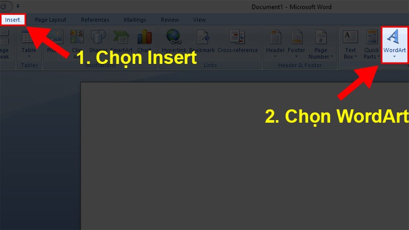Mở file Word bạn muốn chèn chữ > Chọn&nbsp;thẻ&nbsp;Insert > Chọn&nbsp;WordArt