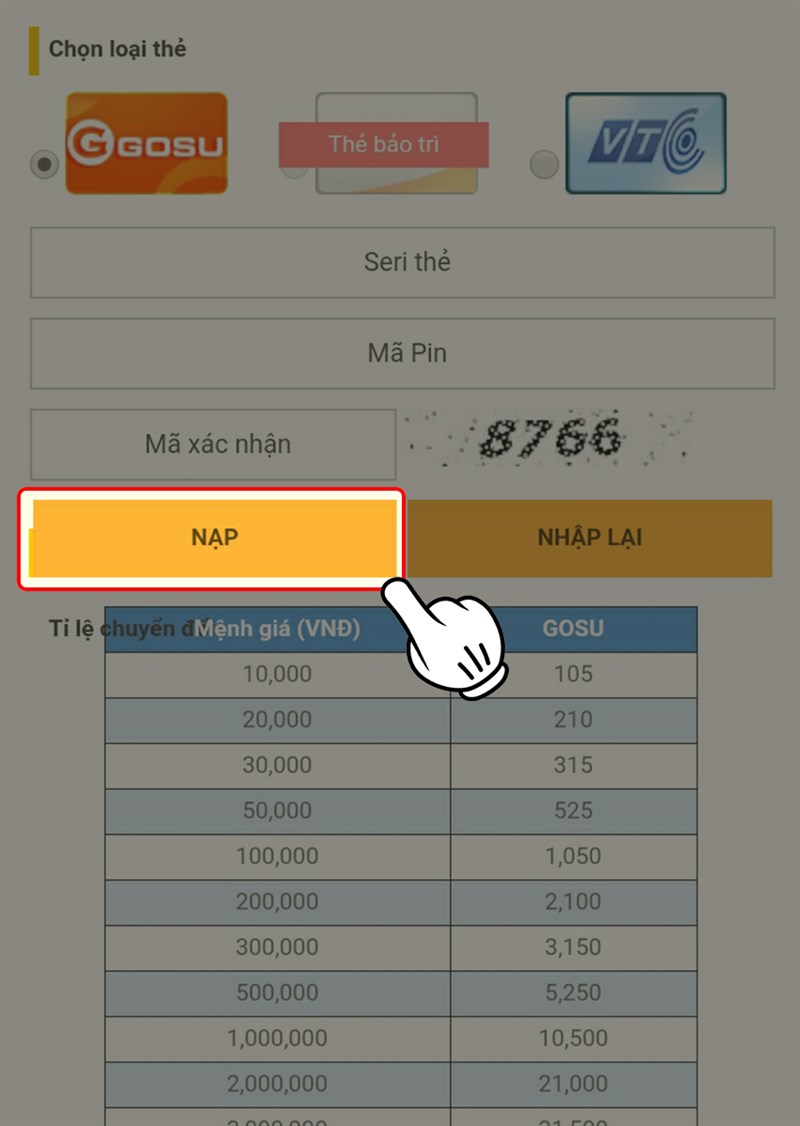 Nhấn vào Nạp