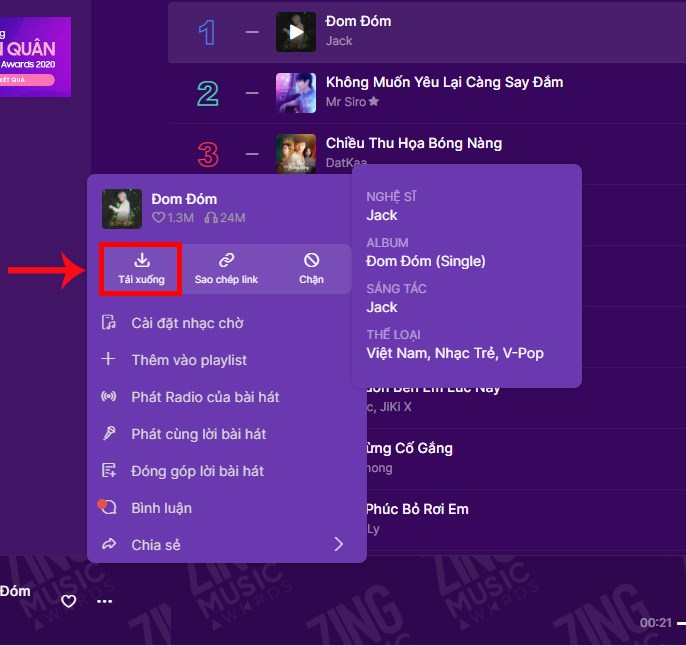 Bạn có thể tải trực tiếp bài hát về máy tính của bạn bằng cách chọn dấu 3 chấm và tải xuống bài hát ưa thích của mình.