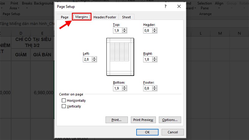 Nhấn vào Margins > Thiết lập căn lề