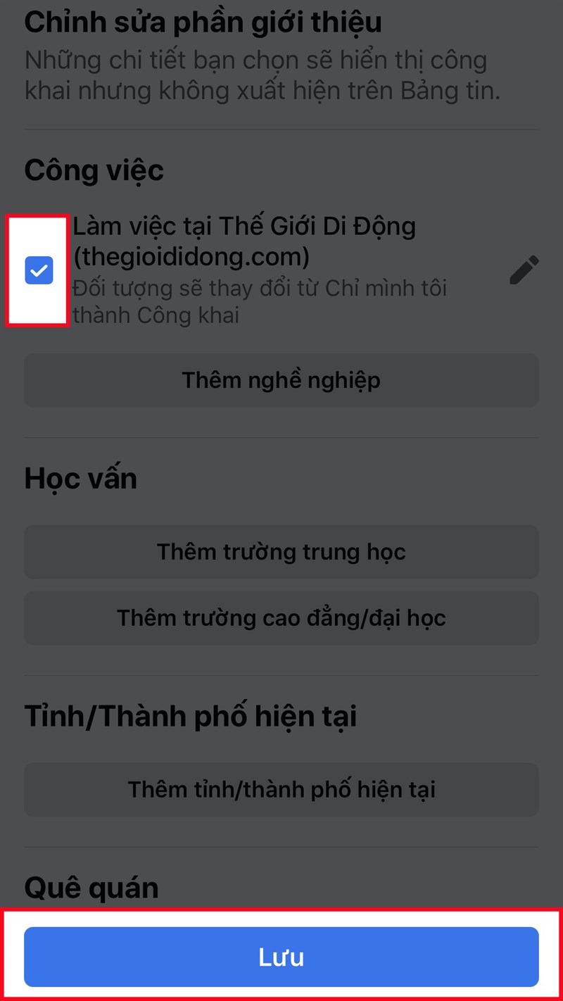 Nhấn v&agrave;o &ocirc; vu&ocirc;ng tại sự kiện trong đời của bạn > Chọn Lưu