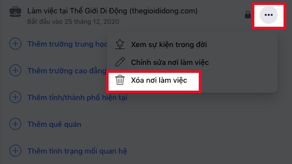 Chọn sự kiện trong đời m&agrave; bạn muốn x&oacute;a > Nhấn v&agrave;o biểu tượng 3 dấu chấm > Chọn X&oacute;a