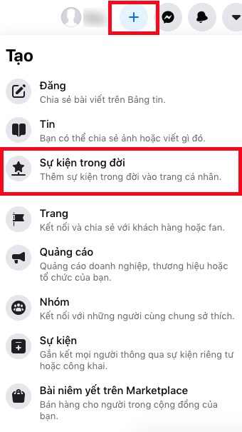 Hoặc nhấn v&agrave;o biểu tượng dấu cộng b&ecirc;n phải ảnh đại diện v&agrave; chọn Sự kiện trong đời