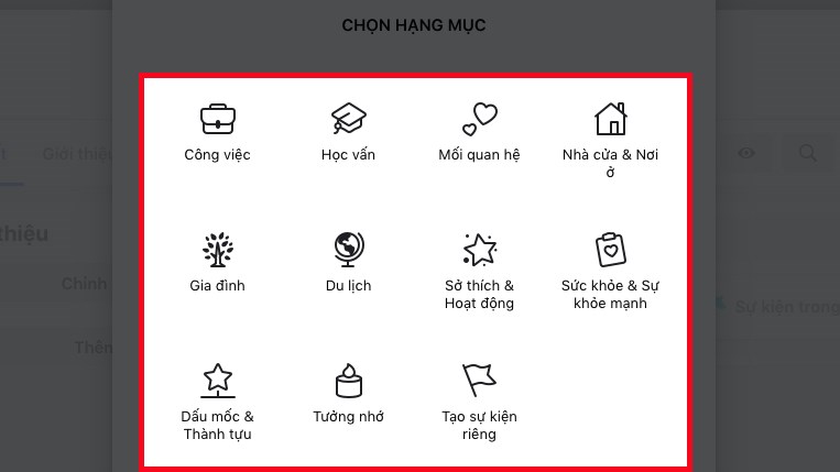 Chọn Hạng mục m&agrave; bạn muốn tạo hoặc bạn cũng c&oacute; thể chọn Tạo sự kiện ri&ecirc;ng