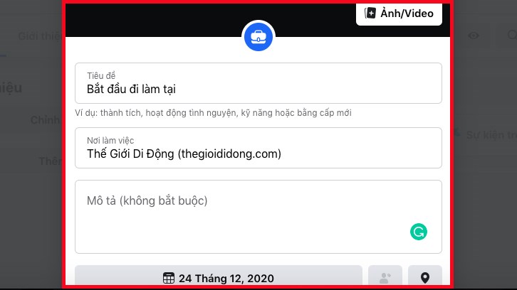 Nhấn v&agrave;o Ảnh/Video để th&ecirc;m v&agrave;o sự kiện trong đời. Bạn cũng c&oacute; thể th&ecirc;m ti&ecirc;u đề, ng&agrave;y, th&aacute;ng, năm, vị tr&iacute; hoặc gắn thẻ bạn b&egrave; v&agrave;o sự kiện trong đời