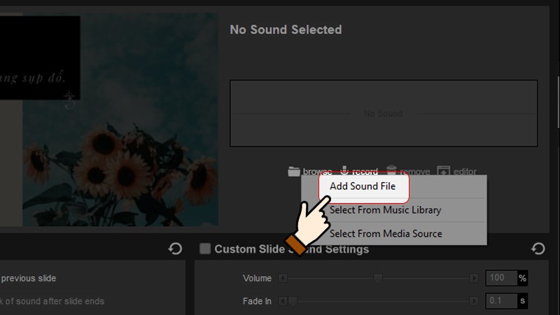 Nhấn chọn Browse > Chọn Add sound file