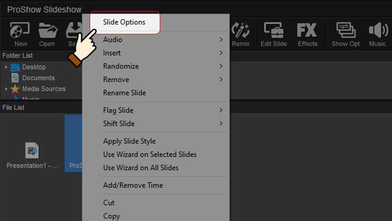 Nhấn chọn chuột phải > Chọn Slide Options
