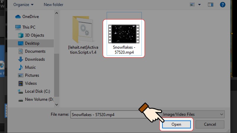 Chọn video hiệu ứng tuyết rơi muốn ch&egrave;n > Nhấn chọn Open
