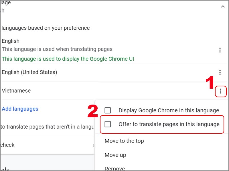 Chọn Offer to translate pages in this language.