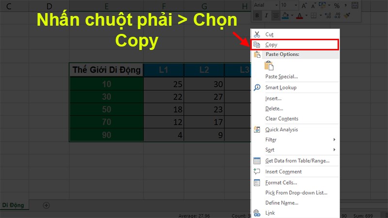 Nhấp chuột phải vào vùng được tô đen > Chọn Copy hoặc nhấn Ctrl + C